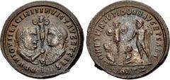 Roman Imperial Licinius I, with Licinius II, Caesar. AD 308-324. Æ Follis (23mm, 4.54 g, 12h). Antioch mint, 7th officina. Struck AD 320-321. D D N N IOVII LICINII INVICT AVG ET CAES, half-length laur
