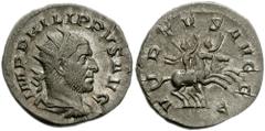 PHILIP I. 244-249 AD. AR Antoninianus (22mm, 4.24 gm). Rome mint. Struck 247-249 AD. Radiate, draped, and cuirassed bust right, seen from behind / Philip I and Philip II right on horseback, raising ha