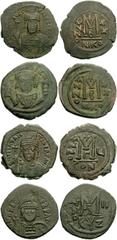 BYZANTINE. Lot of four Æ Folles. MAURICE TIBERIUS. 582-602 AD. Æ Follis (28mm, 13.66 gm, 12h). Constantinople mint. Dated RY 5 (586/7 AD). Helmeted facing bust / Large M flanked by date ANNO U; Γ/CON.