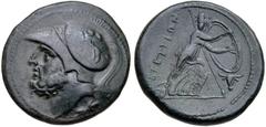 Greek BRUTTIUM, The Brettii. Circa 211-208 BC. Æ Double – Didrachm (27mm, 15.65 g, 6h). Helmeted head of Ares left; thunderbolt below / Hera Hoplosmia advancing right, holding shield and spear; bucran
