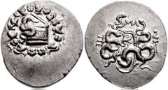 MYSIA, Pergamon. 133-67 BC. AR Cistophoric Tetradrachm (26mm, 12.57 gm). Struck circa 92-88 BC. Cista mystica with serpent; all within ivy wreath / Bow-case with serpents; MA above, thyrsos right. Kle