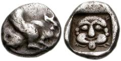 DYNASTS of LYCIA. Uncertain Dynast. Circa 5th Century BC. AR Diobol (11mm, 1.38 gm). Forepart of winged bull right / Gorgoneion. Falghera 95 (Uvug?); BMC Lycia -; SNG Copenhagen -; SNG von Aulock 4101