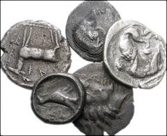 GREEK. Lot of five AR Italian Fractions. Lot includes the following: CALABRIA, Tarentum. AR Diobol. Vlasto 1242 // LUCANIA, Herakleia. AR Diobol // Same. Metapontion. AR Diobol // Same. Sybaris. AR Tr