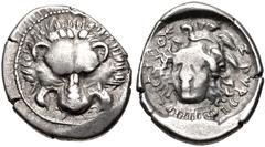Greek DYNASTS of LYCIA. Vekhssere II. Circa 410/00-390/80 BC. AR Third Stater (15.5mm, 2.81 g, 1h). Zagaba mint. Lion scalp facing / Head of Athena facing slightly left, wearing triple-crested Attic h
