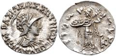 Oriental Greek BAKTRIA, Indo-Greek Kingdom. Menander I Soter. Circa 155-130 BC. AR Drachm (17mm, 2.47 g, 11h). Diademed, draped, and cuirassed bust right, wearing crested helmet covered with pelt of s