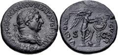 Roman Imperial Vitellius. AD 69. Æ Sestertius (35mm, 26.95 g, 6h). Rome mint. Struck circa late April–20 December. Laureate and draped bust right / Victory standing right, left foot on helmet, inscrib