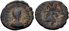 Roman Imperial Valentinian III. AD 425-455. Æ (13mm, 0.92 g, 6h). Cyzicus mint, 1st officina. Struck AD 425-435. Pearl-diademed, draped, and cuirassed bust right / Victory standing facing, holding wre