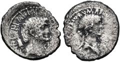 Roman Republican The Triumvirs. Mark Antony and Cleopatra. Autumn 34 BC. AR Denarius (16mm, 2.49 g, 1h). Alexandria mint. Bare head of Mark Antony right; four-pointed Armenian tiara behind / Diademed 