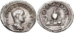 Roman Imperial Gordian III. As Caesar, AD 238. AR Denarius (21mm, 3.18 g, 6h). Rome mint. 1st emission of Balbinus & Pupienus. Bareheaded and draped bust right / Emblems of the pontificate: lituus, se