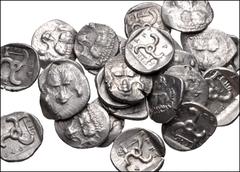 Large Lots GREEK. Asia Minor. Lot of twenty-five (25) Mithrapata AR Diobols. All coins: DYNASTS of LYCIA, Mithrapata. Circa 390-370 BC. AR Diobol. Facing lion's scalp / Triskeles within incuse square;