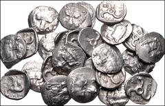 Large Lots GREEK. Asia Minor. Lot of twenty-five (25) Mithrapata AR Diobols. All coins: DYNASTS of LYCIA, Mithrapata. Circa 390-370 BC. AR Diobol. Facing lion's scalp / Triskeles within incuse square;