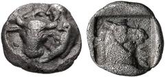 Greek THESSALY, Larissa. Circa 462/1-460 BC. AR Obol (10mm, 0.81 g, 3h). Head and neck of bull left, facing viewer; to right, half-length figure of hero to right, his left arm over the bull's neck and