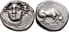 Greek THESSALY, Larissa. Circa 400-370 BC. AR Drachm (18mm, 6.12 g, 5h). Head of the nymph Larissa facing slightly left, hair in ampyx inscribed [ΓE]Y; small IA above head, [garment clasp] on right sh