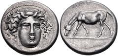 Greek THESSALY, Larissa. Circa 400-370 BC. AR Drachm (18mm, 6.03 g, 4h). Head of the nymph Larissa facing slightly right, hair in ampyx / ΛΑΡ[Ι...], horse grazing left. L-S Group 5, Head Type 24, dies