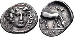 Greek THESSALY, Larissa. Circa 380-365 BC. AR Drachm (22mm, 5.93 g, 8h). Head of the nymph Larissa facing slightly right, wearing ampyx / [Λ]APIΣ/AIΩN, horse grazing right. L-S Series 1, Type B, dies 