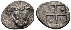 Greek CIMMERIAN BOSPOROS, Pantikapaion. Circa 470-460 BC. AR Tetartemorion (7mm, 0.22 g). Facing head of lion / Quadripartite incuse square with pellets in two opposing quarters. Frolova, frühe, Type 