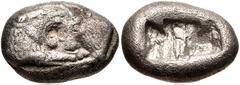 Greek KINGS of LYDIA. Kroisos. Circa 564/53-550/39 BC. AR Hemistater (16mm, 5.20 g). Sardes mint. Confronted foreparts of lion and bull / Two incuse squares of unequal size. Berk 23; SNG Ashmolean 768
