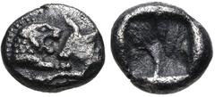 Greek KINGS of LYDIA. Kroisos. Circa 564/53-550/39 BC. AR Twenty-fourth Stater (7mm, 0.40 g). Sardes mint. Confronted foreparts of lion and bull / Incuse square. Berk –; SNG Ashmolean 776–7 (Persian P