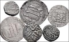 Large Lots ISLAMIC. Miscellaneous dynasties. Lot of six (6) AR denominations. Includes: AR dirhams of the 'Abbasid caliphs al-M'utamid and al-Mutadid (2 coins total) // AR dirham of the Ghaznavid Sult