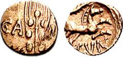 CELTIC, Britain. Trinovantes. Cunobelin. Circa 10-43 AD. AV Quarter Stater (1.33 gm, 5h). Linear type. Estimate $300 CELTIC, Britain. Trinovantes. Cunobelin. Circa 10-43 AD. AV Quarter Stater (1.33 gm