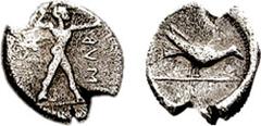 LUCANIA, Sybaris. Circa 453-448 BC. AR Triobol (1.44 gm, 1h). Estimate $300 LUCANIA, Sybaris. Circa 453-448 BC. AR Triobol (1.44 gm, 1h). Poseidon advancing right / Bird standing right. Kraay, Coinage