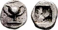 MACEDON, Uncertain. Circa 500 BC. AR Triobol(?) (1.92 gm). Estimate $750 MACEDON, Uncertain. Circa 500 BC. AR Triobol(?) (1.92 gm). Kantharos / Rough incuse punch. AMNG III/2 p. 135, 11 note; SNG ANS 