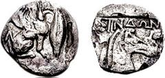 SARMATIA. The Sindoi. Circa 450-400 BC. AR Diobol (1.05 gm, 9h). Estimate $200  SARMATIA. The Sindoi. Circa 450-400 BC. AR Diobol (1.05 gm, 9h). Griffin seated right; barley grain to right / Horse's h