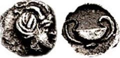 THRACO-MACEDONIAN REGION, Uncertain. 4th century BC. AR Hemiobol (0.24 gm, 8h). Estimate $200 THRACO-MACEDONIAN REGION, Uncertain. 4th century BC. AR Hemiobol (0.24 gm, 8h). Head of satyr right / Kyli