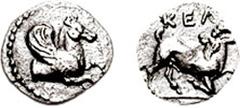 CILICIA, Kelenderis. Circa 425-400 BC. AR Hemiobol (0.29 gm, 9h). Estimate $200 CILICIA, Kelenderis. Circa 425-400 BC. AR Hemiobol (0.29 gm, 9h). Forepart of Pegasos right / Goat kneeling right, head 