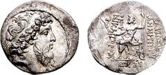 SELEUKID KINGS of SYRIA. Demetrios II Nikator. Second reign, 130-125 BC. AR Tetradrachm (16.34 gm, 1h). Ake-Ptolemais mint. Dated SE 185 (128/7 BC). Estimate $500 SELEUKID KINGS of SYRIA. Demetrios II