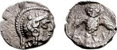 SAMARIA. Circa 375-333 BCE. AR Obol (0.78 gm, 6h). Estimate $300 SAMARIA. Circa 375-333 BCE. AR Obol (0.78 gm, 6h). Helmeted head of Athena right / "ShN", facing owl with wings displayed; all in incus