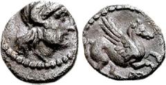 SAMARIA. Circa 375-333 BCE. AR Obol (0.55 gm, 9h). Estimate $300  SAMARIA. Circa 375-333 BCE. AR Obol (0.55 gm, 9h). Diademed head of Zeus Karneios right, with ram's horn at forehead / Pegasos flying 