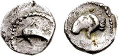 SAMARIA. Circa 375-333 BCE. AR Hemiobol (0.33 gm, 7h). Estimate $300  SAMARIA. Circa 375-333 BCE. AR Hemiobol (0.33 gm, 7h). Dolphin leaping left / Ram's head left in dotted incuse punch. Meshorer & Q