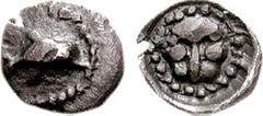 SAMARIA. Circa 375-333 BCE. AR Tetartemorion (0.23 gm, 5h). Estimate $400  SAMARIA. Circa 375-333 BCE. AR Tetartemorion (0.23 gm, 5h). Dolphin leaping right / Lion's head facing in dotted incuse punch