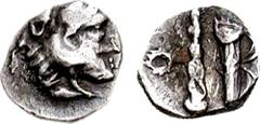 SAMARIA. After 333 BCE. AR Hemiobol (0.29 gm, 7h). Imitating Alexander the Great. Estimate $200  SAMARIA. After 333 BCE. AR Hemiobol (0.29 gm, 7h). Imitating Alexander the Great. Head of Herakles righ