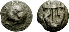 UMBRIA, Tuder. Circa 235 BC. Æ Aes Grave Semis (44.06 gm, 8h). Estimate $500 UMBRIA, Tuder. Circa 235 BC. Æ Aes Grave Semis (44.06 gm, 8h). Sleeping dog / Lyre; retrograde C in left field. Thurlow & V