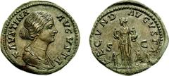 FAUSTINA JUNIOR, daughter of Antoninus Pius, wife of Marcus Aurelius. Augusta, 147-175/6 AD. Æ Sestertius (28.86 gm, 1h). Struck circa 157-161 AD. Estimate $2500 FAUSTINA JUNIOR, daughter of Antoninus