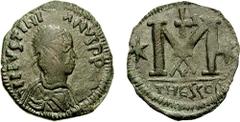 JUSTINIAN I. 527-565 AD. Æ Follis (12.66 gm, 6h). Thessalonica mint. Struck 527-528 AD? Estimate $200  JUSTINIAN I. 527-565 AD. Æ Follis (12.66 gm, 6h). Thessalonica mint. Struck 527-528 AD? Crude dia
