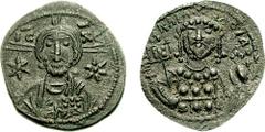 MICHAEL VII Ducas. 1071-1078. Æ Half Follis (2.74 gm, 6h). Constantinople mint. Estimate $1500 MICHAEL VII Ducas. 1071-1078. Æ Half Follis (2.74 gm, 6h). Constantinople mint. Facing bust of Christ; st