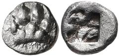 Greek WESTERN ASIA MINOR, Uncertain. Late 6th-early 5th centuries BC. AR Tetartemorion(?) (6mm, 0.28 g). Lion's paw / Incuse square. Traite I 1000. Good VF, a hint of granularity. Very rare.