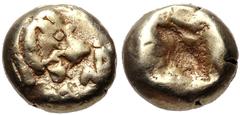 Greek KINGS of LYDIA. Alyattes. Circa 620/10-564/53 BC. EL Hemihekte – Twelfth Stater (7mm, 1.13 g). Sardes mint. Head of roaring lion right; legend to right / Incuse square. Weidauer Group XVII, 111–