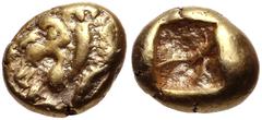 Greek KINGS of LYDIA. Alyattes. Circa 620/10-564/53 BC. EL Hemihekte –Twelfth Stater (8mm, 1.17 g). Sardes mint. Head of roaring lion left; traces of legend to left / Incuse square. Weidauer Group XVI