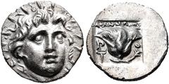 Greek ISLANDS off CARIA, Rhodos. Rhodes. Circa 170-150 BC. AR Hemidrachm (12mm, 1.13 g, 12h). 'Plinthophoric' coinage. Athanodoros, magistrate. Radiate head of Helios right / Rose with bud to right; A