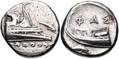 Greek LYCIA, Phaselis. 4th century BC. AR Stater (21mm, 10.14 g, 6h). Prow of galley right, fighting platform decorated with griffin seated right; to right, dolphin right / Stern of galley left; ΦAΣ a