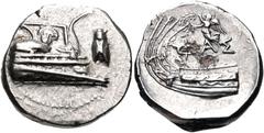 Greek LYCIA, Phaselis. 4th century BC. AR Stater (23mm, 10.40 g, 5h). Prow of galley right, fighting platform decorated with facing gorgoneion; to right, cicada upward / Stern of galley left; above, N
