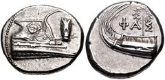 Greek LYCIA, Phaselis. 4th century BC. AR Stater (22mm, 10.40 g, 2h). Prow of galley right, fighting platform decorated with facing gorgoneion; to right, cicada downward / Stern of galley left, with w