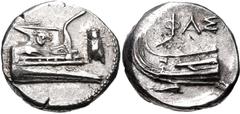 Greek LYCIA, Phaselis. 4th century BC. AR Stater (22mm, 10.38 g, 4h). Prow of galley right, fighting platform decorated with facing gorgoneion; to right, cicada upward / Stern of galley left; ΦAΣ abov