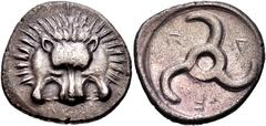 Greek DYNASTS of LYCIA. Trbbenimi. Circa 390-375 BC. AR Stater (24mm, 9.44 g). Wedrei mint. Facing lion scalp; T on forehead / Triskeles; WED (in Lycian) around; all within incuse circle. Müseler VIII