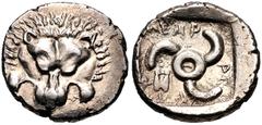 Greek DYNASTS of LYCIA. Mithrapata. Circa 390-370 BC. AR Sixth Stater (12mm, 1.36 g). Uncertain mint. Lion scalp facing / Triskeles; astragalos in one section; all within incuse square. Müseler VII, 8