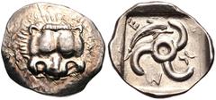 Greek DYNASTS of LYCIA. Mithrapata. Circa 390-370 BC. AR Sixth Stater (14mm, 1.44 g). Uncertain mint. Facing lion scalp / Triskeles; dolphin in one section; all within incuse square. Müseler VII, 86–9